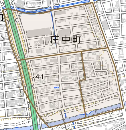 庄中町とその周辺の地図。町の範囲を重ねている