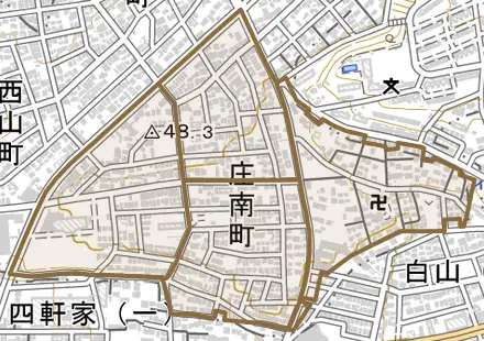 庄南町とその周辺の地図。町の範囲を重ねている
