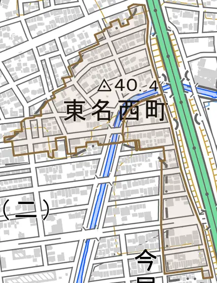 東名西町とその周辺の地図。町の範囲を重ねている