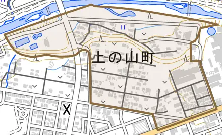 上の山町間口とその周辺の地図。町の範囲を重ねている