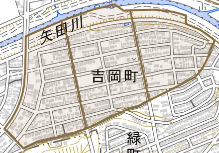 吉岡町とその周辺の地図。町の範囲を重ねている