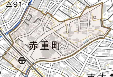 赤重町とその周辺の地図。町の範囲を重ねている