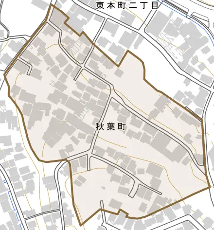 秋葉町とその周辺の地図。町の範囲を重ねている