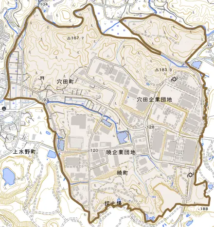 穴田町とその周辺の地図。町の範囲を重ねている