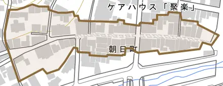 朝日町とその周辺の地図。町の範囲を重ねている