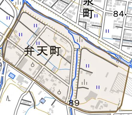 弁天町とその周辺の地図。町の範囲を重ねている
