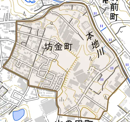 坊金町とその周辺の地図。町の範囲を重ねている