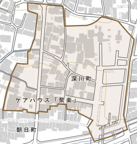 深川町とその周辺の地図。町の範囲を重ねている