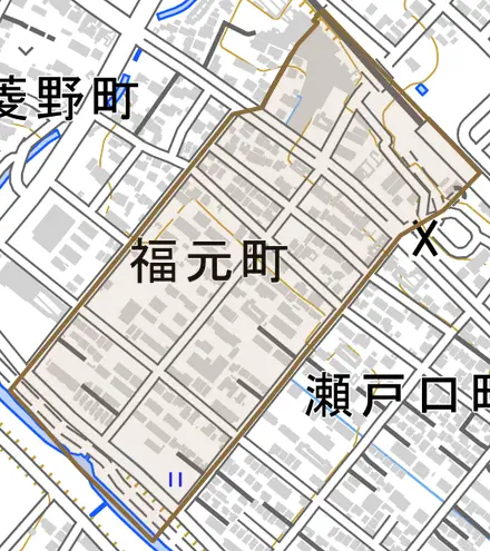 福元町とその周辺の地図。町の範囲を重ねている