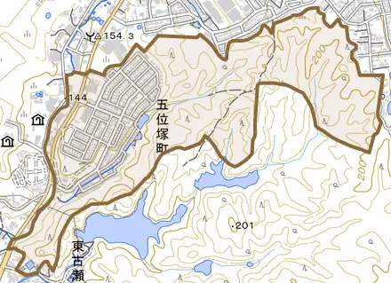 五位塚町とその周辺の地図。町の範囲を重ねている