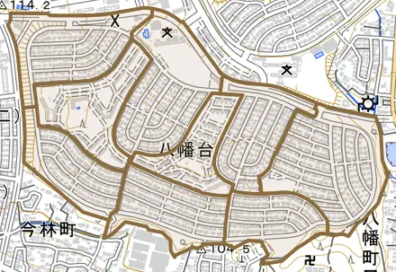 八幡台とその周辺の地図。町の範囲を重ねている