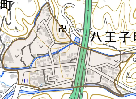 八王子町とその周辺の地図。町の範囲を重ねている