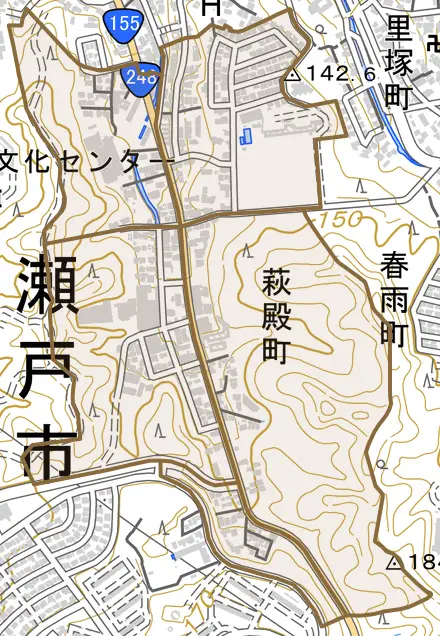 萩殿町とその周辺の地図。町の範囲を重ねている