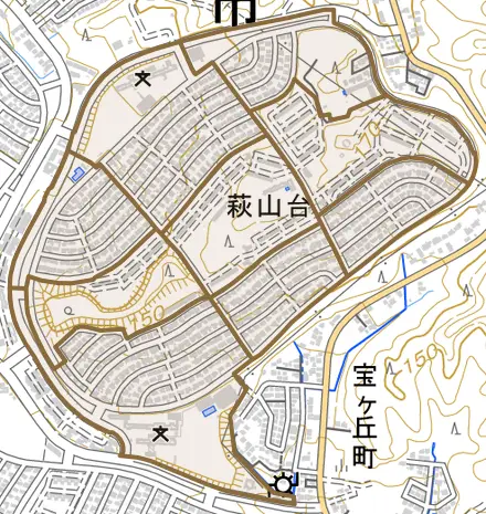 萩山台とその周辺の地図。町の範囲を重ねている