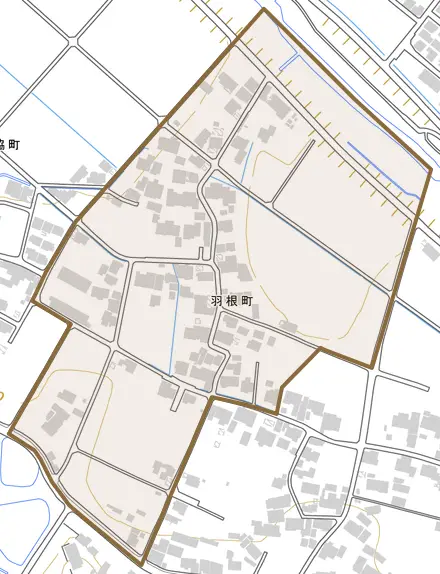 羽根町とその周辺の地図。町の範囲を重ねている
