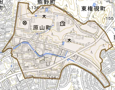 原山町とその周辺の地図。町の範囲を重ねている