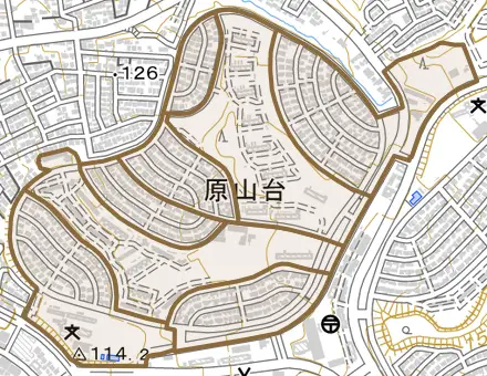 原山台とその周辺の地図。町の範囲を重ねている
