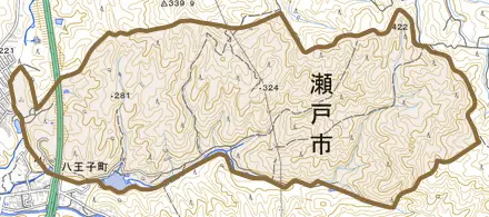 長谷口町とその周辺の地図。町の範囲を重ねている