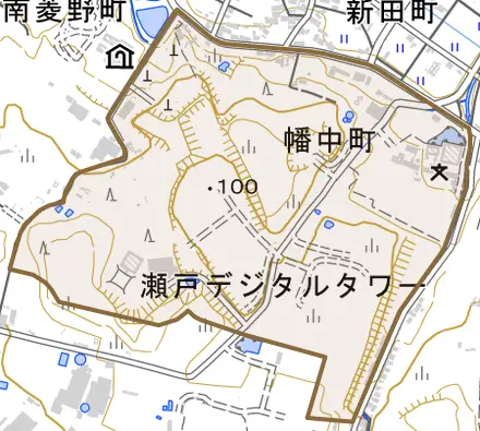 幡中町とその周辺の地図。町の範囲を重ねている