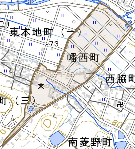 幡西町とその周辺の地図。町の範囲を重ねている