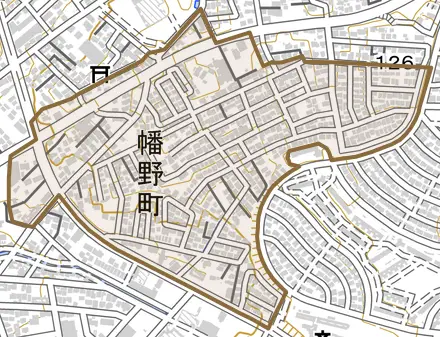 幡野町とその周辺の地図。町の範囲を重ねている