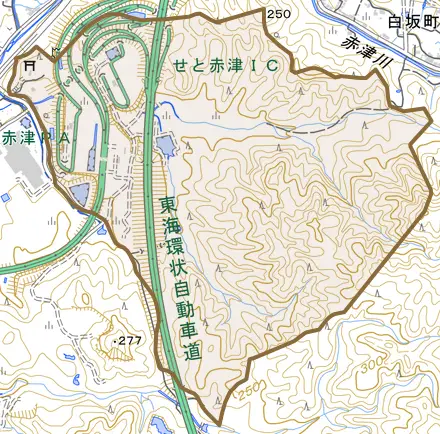 巡間町とその周辺の地図。町の範囲を重ねている
