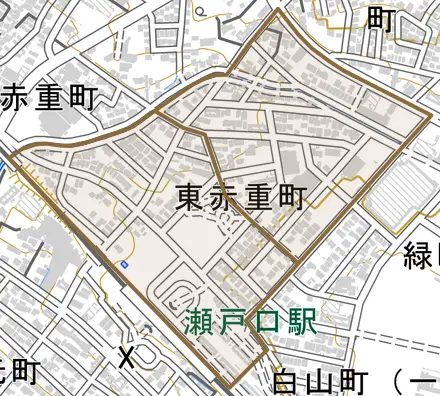東赤重町とその周辺の地図。町の範囲を重ねている
