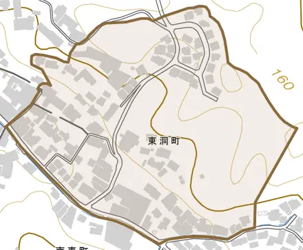 東洞町とその周辺の地図。町の範囲を重ねている