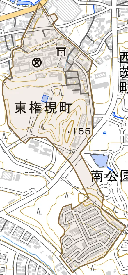東権現町とその周辺の地図。町の範囲を重ねている