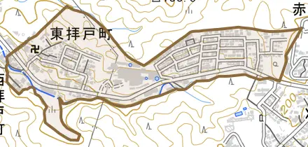 東拝戸町とその周辺の地図。町の範囲を重ねている