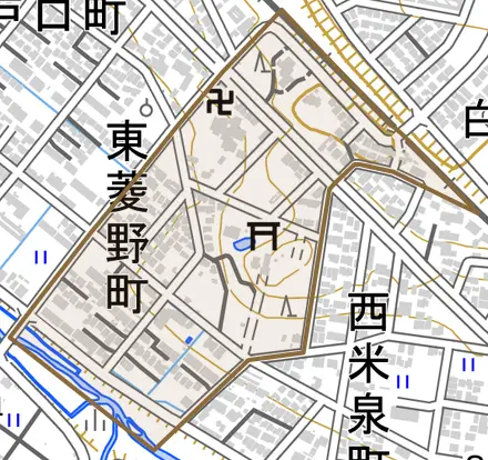 東菱野町とその周辺の地図。町の範囲を重ねている