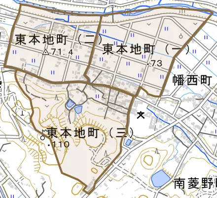 東本地町とその周辺の地図。町の範囲を重ねている