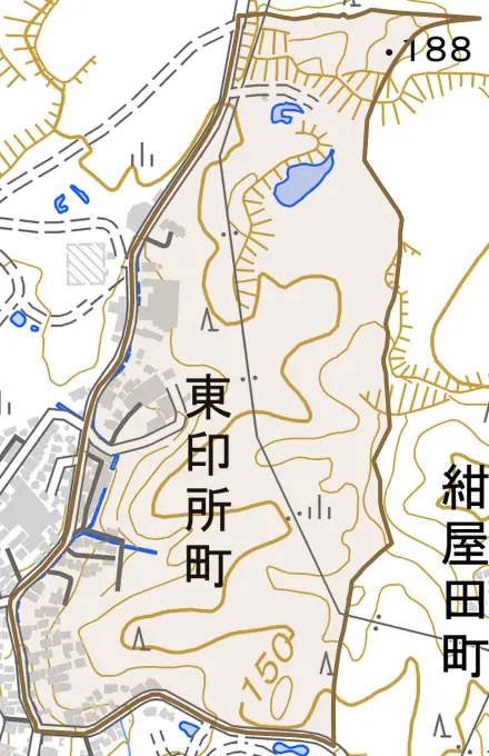 東印所町とその周辺の地図。町の範囲を重ねている