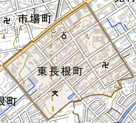 東長根町とその周辺の地図。町の範囲を重ねている