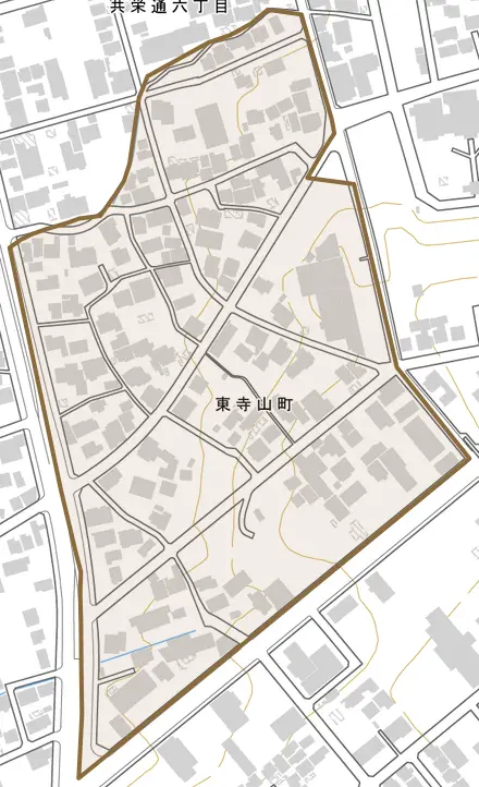 東寺山町とその周辺の地図。町の範囲を重ねている