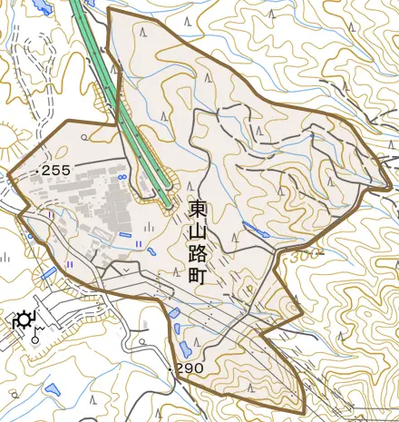 東山路町とその周辺の地図。町の範囲を重ねている