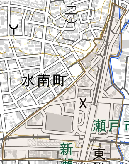 東横山町とその周辺の地図。町の範囲を重ねている
