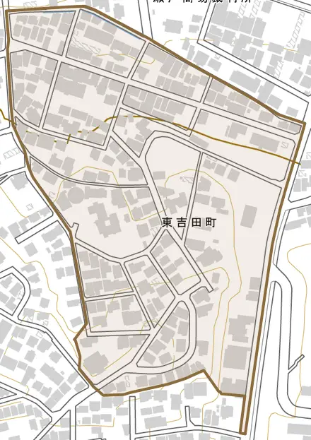 東吉田町とその周辺の地図。町の範囲を重ねている