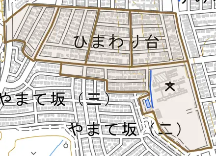 ひまわり台とその周辺の地図。町の範囲を重ねている