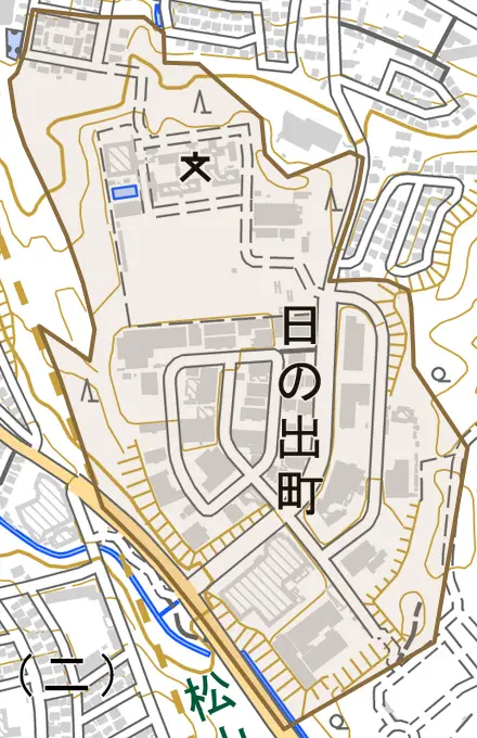 日の出町とその周辺の地図。町の範囲を重ねている