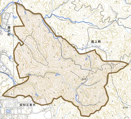 広久手町とその周辺の地図。町の範囲を重ねている