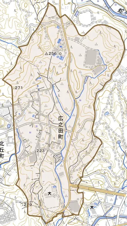 広之田町とその周辺の地図。町の範囲を重ねている