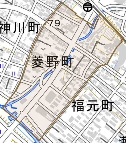 菱野町とその周辺の地図。町の範囲を重ねている