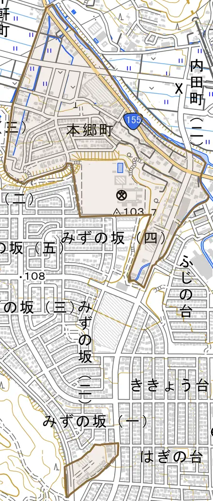 本郷町とその周辺の地図。町の範囲を重ねている