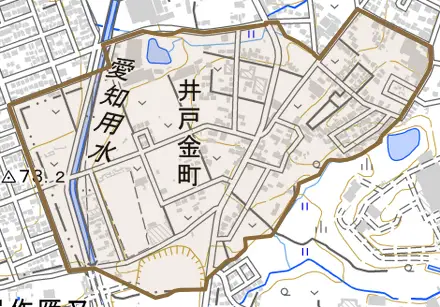 井戸金町とその周辺の地図。町の範囲を重ねている