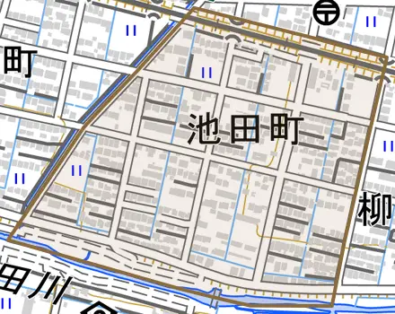 池田町とその周辺の地図。町の範囲を重ねている