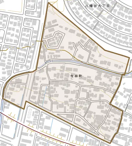 今林町とその周辺の地図。町の範囲を重ねている
