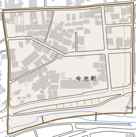 今池町とその周辺の地図。町の範囲を重ねている