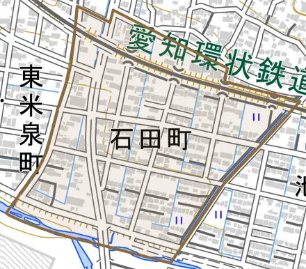 石田町とその周辺の地図。町の範囲を重ねている