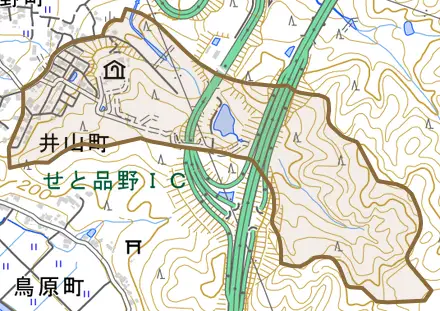 井山町とその周辺の地図。町の範囲を重ねている